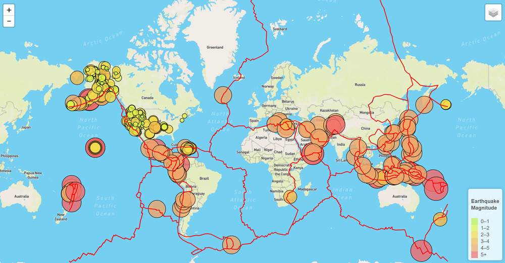 world map of the last 7 days of earthquakes